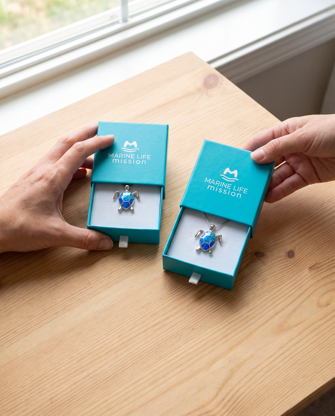 Adopt a Pair: two Sea Turtle necklaces in gift boxes, keep one and gift one