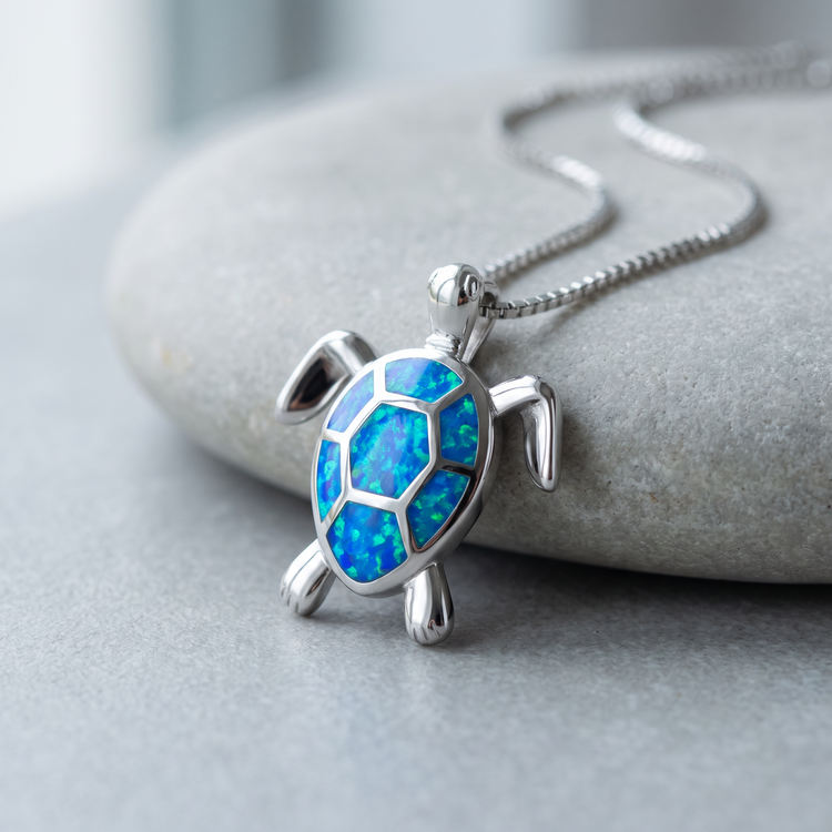 Sea Turtle pendant with blue opal shell in sterling silver