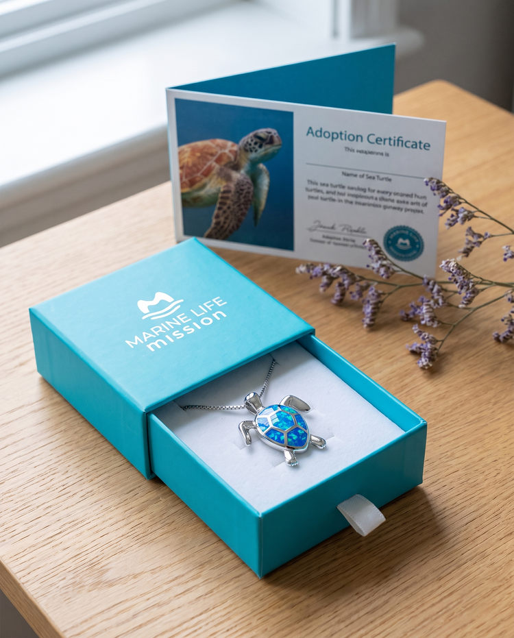 Sea Turtle Adoption Kit: necklace in its gift box with the named adoption certificate