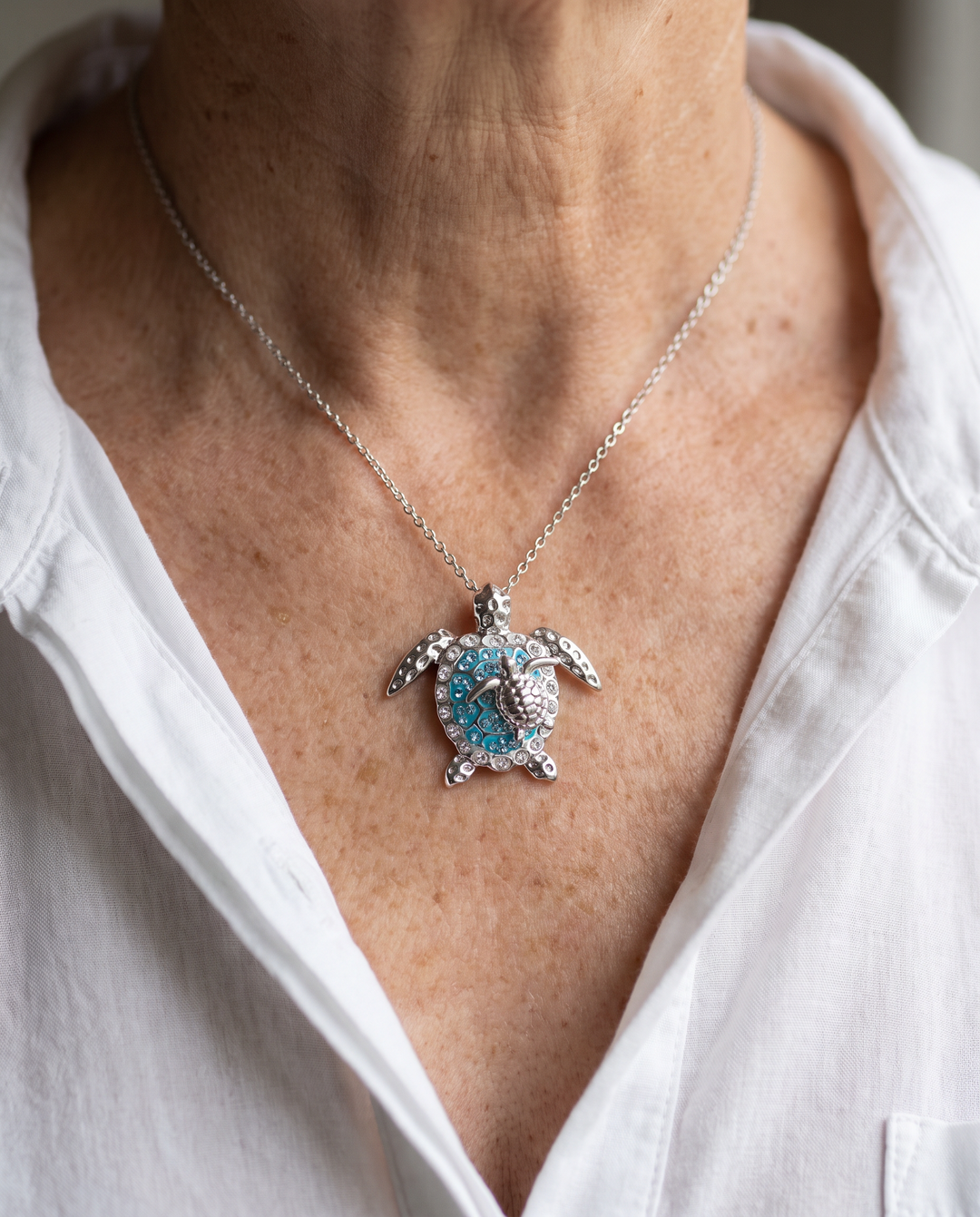Turtle Mother and Baby Necklace worn, true size