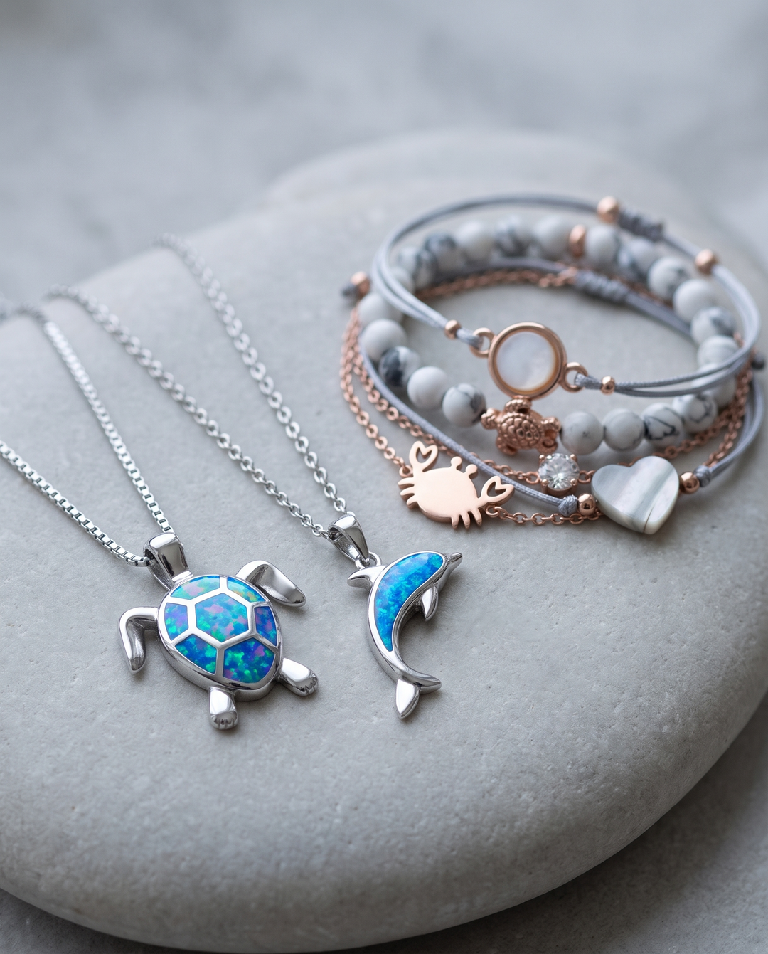 Marine Life Trio: sea turtle necklace, dolphin necklace and Oceana-5 bracelets